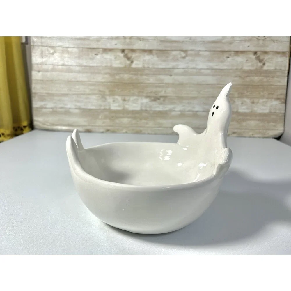 Haunted Manor White Ceramic Ghost Candy Bowl Dish Halloween Home Decor